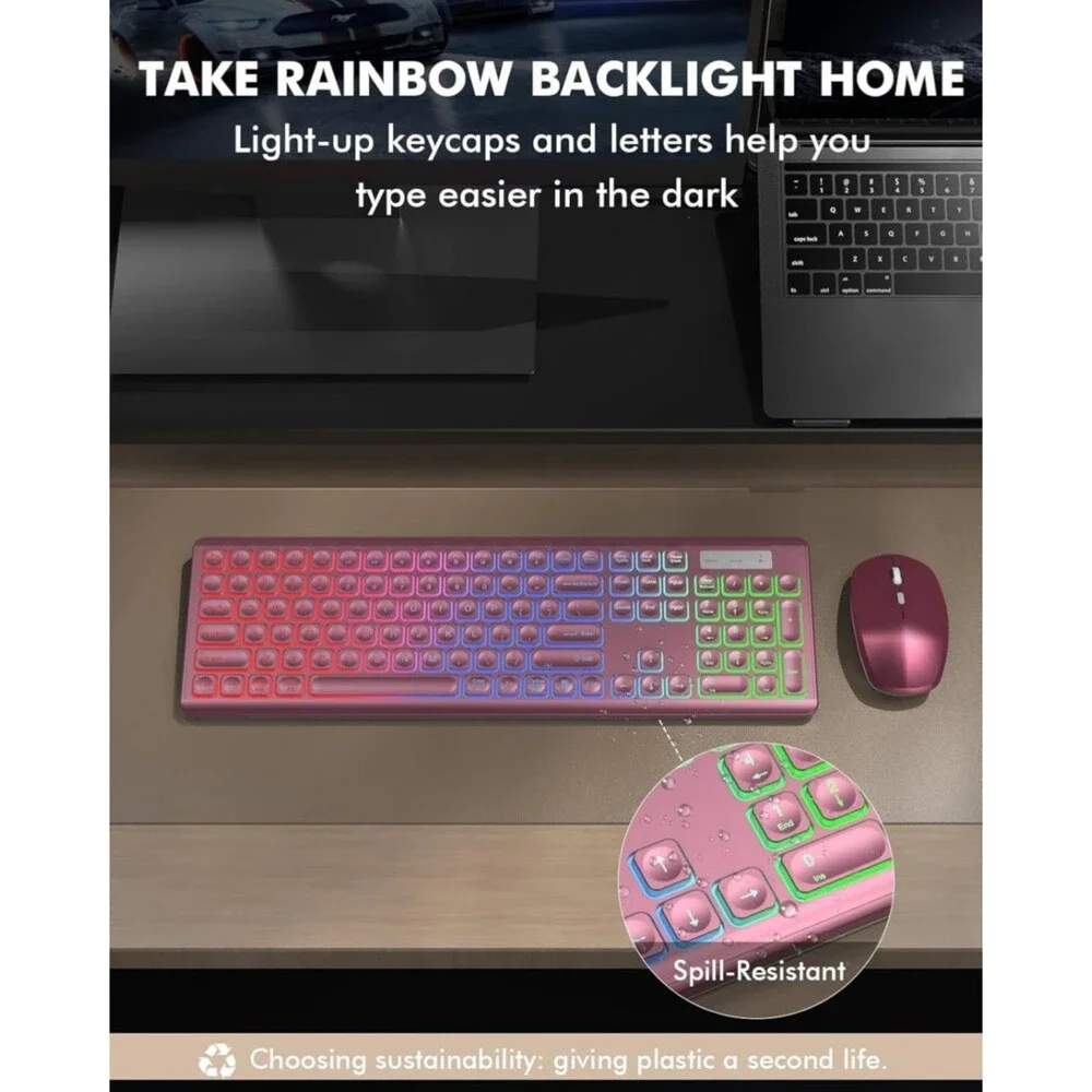 Wireless Keyboard and Mouse Combo, RGB Backlit Rechargeable Soft Typing Wine Red